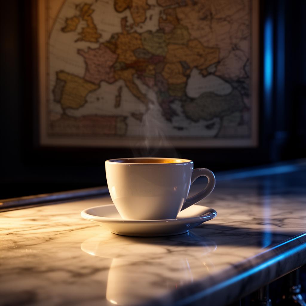 AI adoptie horeca Europa closeup van Europese koffiekop op marmeren bar met kaart op achtergrond