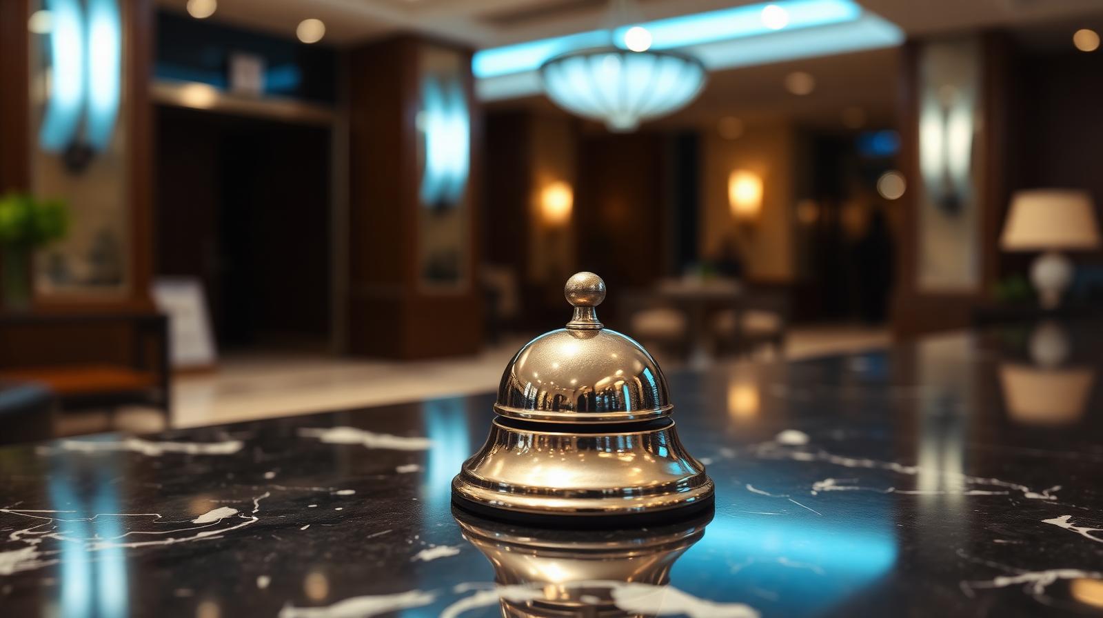 Cinematische close-up van hotelreceptie-bel met digitale gloed, illustratie van AI agent hotel automatisering
