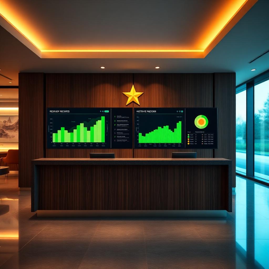 AI horeca Booking.com reviews strategie hotelreceptie met dashboard van stijgende score in warm cinematisch licht