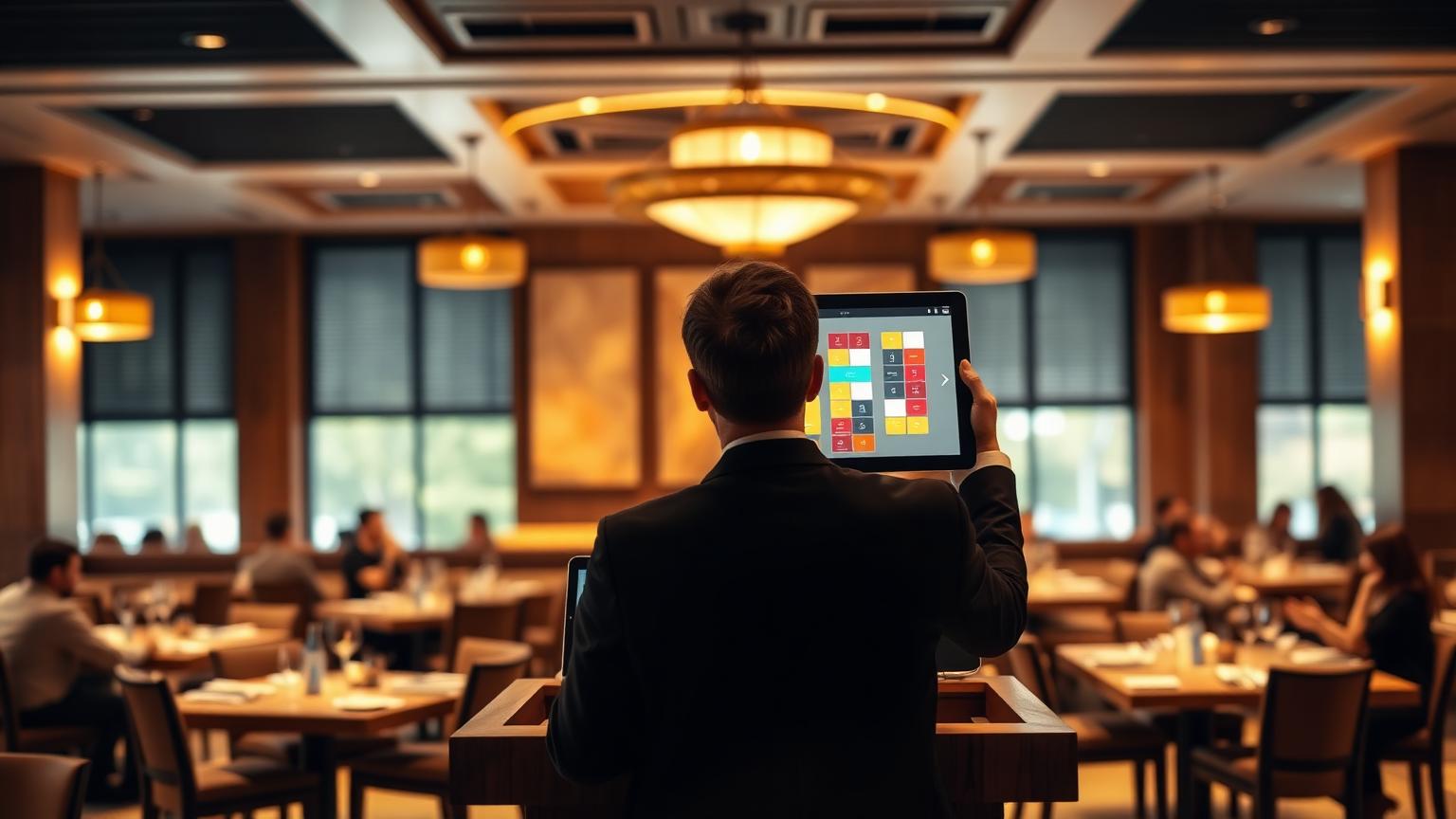 AI horeca capaciteitsbeheer wachtlijst overboeking druk restaurant met host aan podium en tablet met kleurcoderingen in warm cinematisch licht