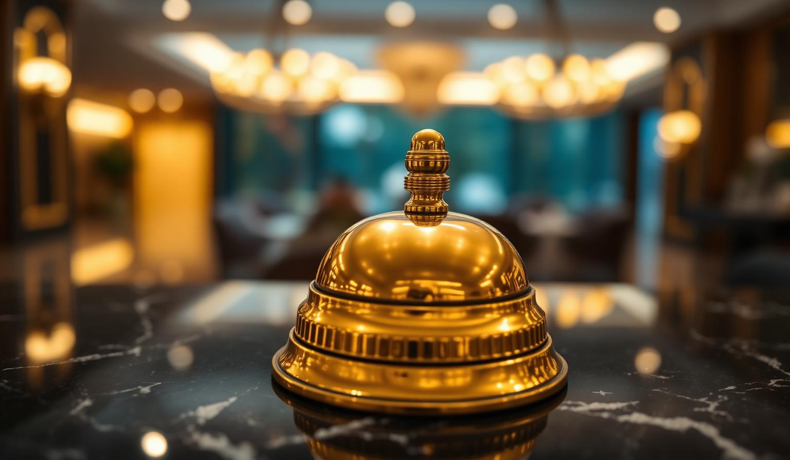 Cinematische close-up van messing conciërgebel op donker marmer hotelreceptie, illustratie AI conciërge hotel