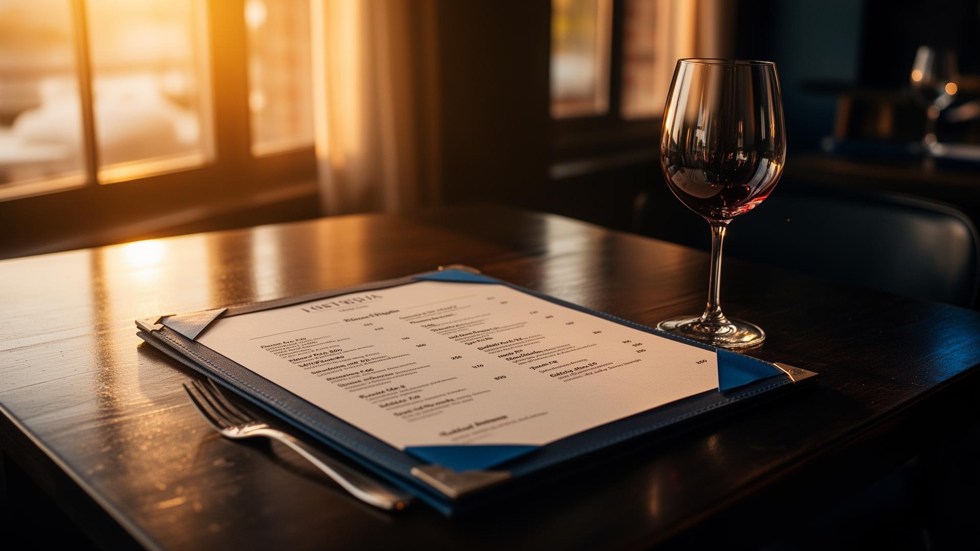 AI dynamische prijzen horeca menukaart met wijnglas in restaurant bij gouden middaglicht