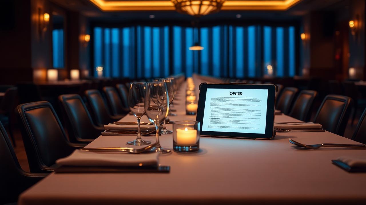 Cinematische close-up van grote restauranttafel met tablet en offerte voor AI groepsreserveringen automatiseren