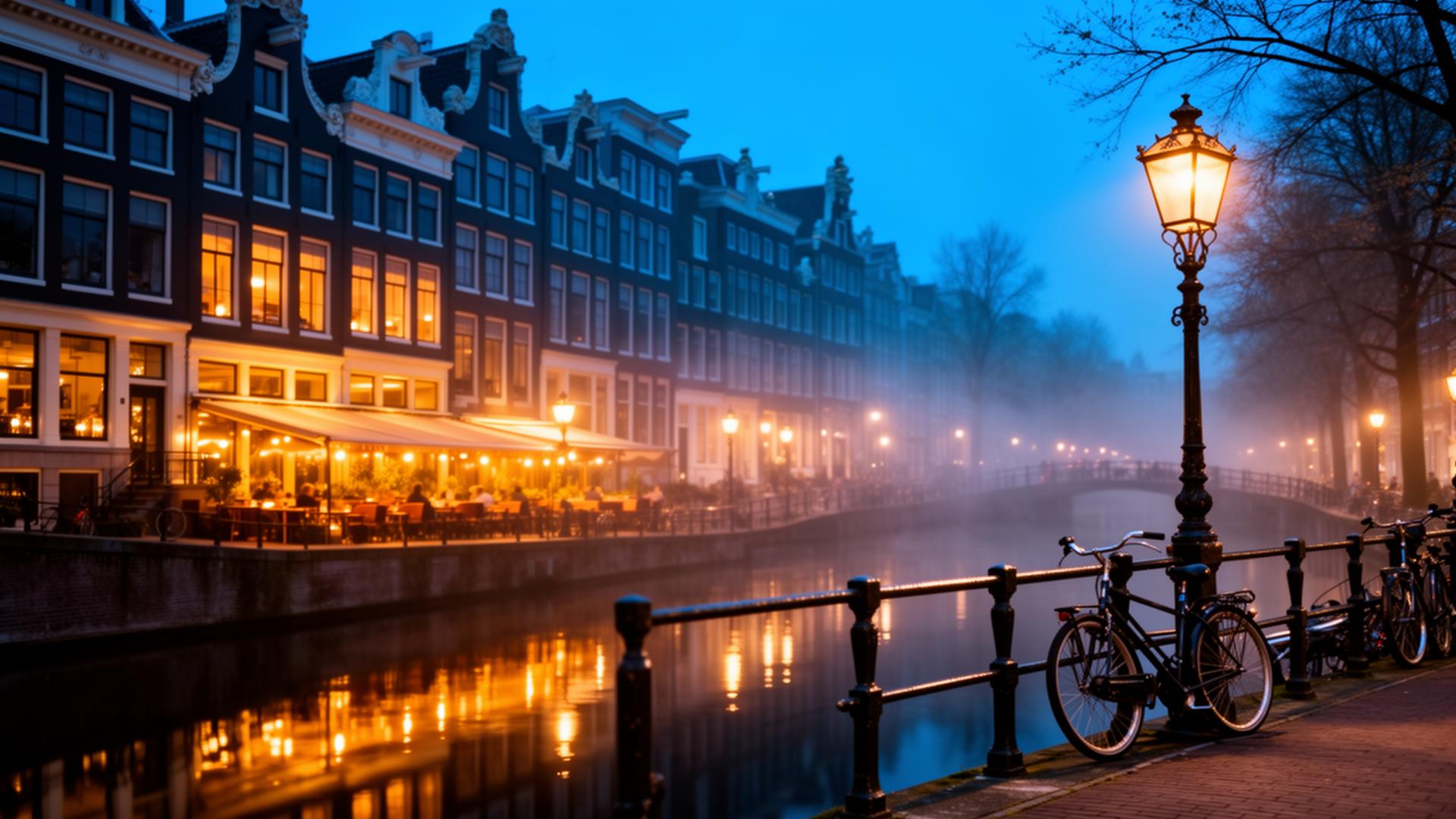 AI horeca 2026: Amsterdamse grachten met verlichte restaurants en terras bij blauwe uur — symbool voor slimme AI-oplossingen in de Nederlandse horeca | HorecaHub.ai