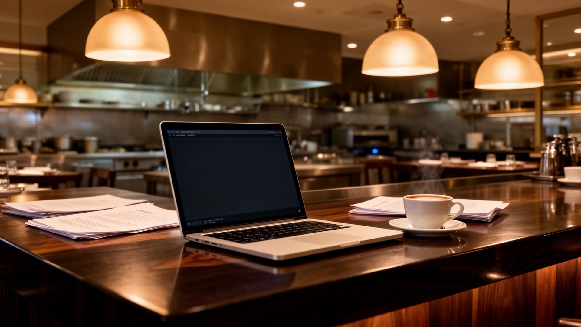 AI horeca privacy AVG laptop met privacy-instellingen in stijlvolle restaurantkeuken