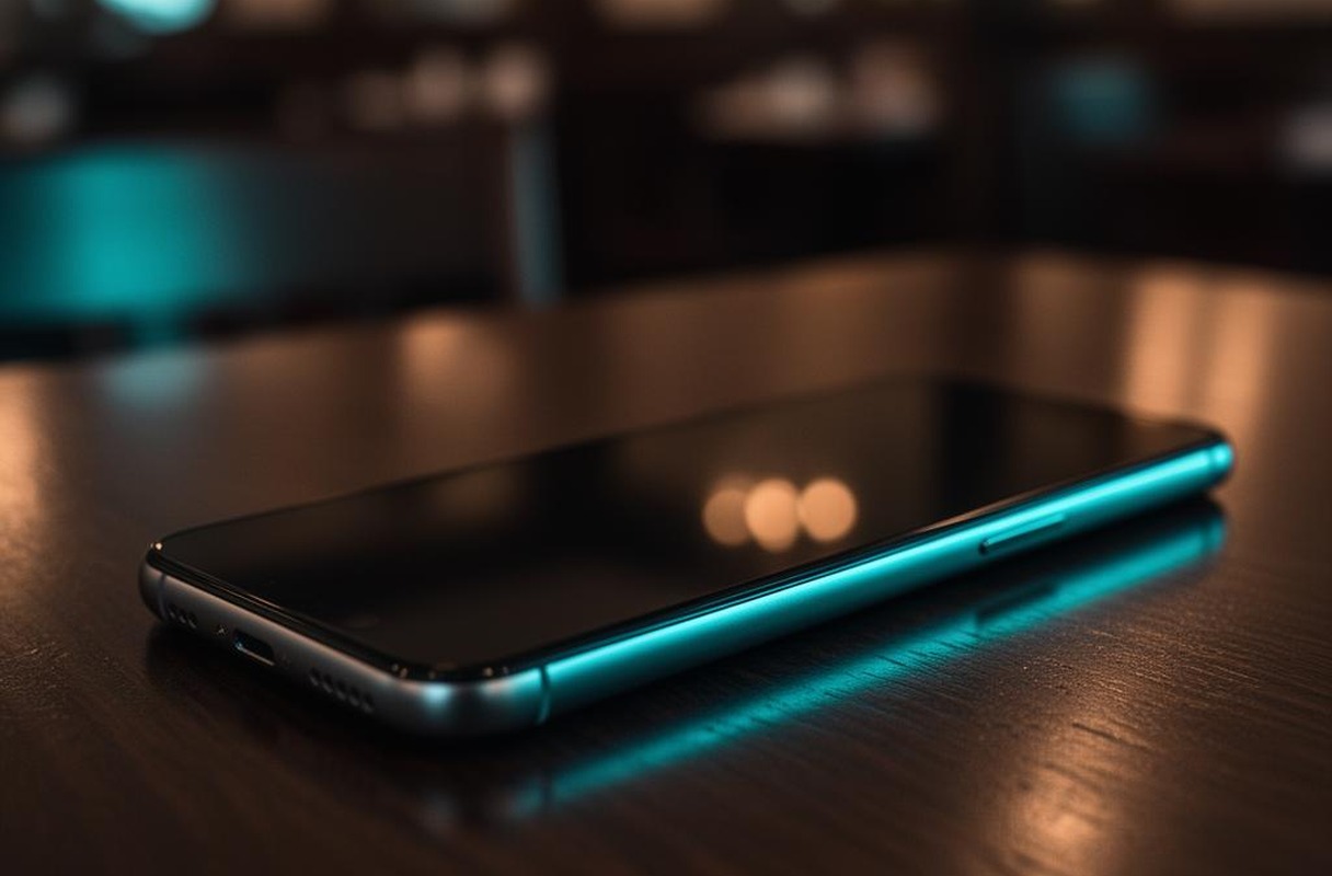 Smartphone op een houten tafel in een Duits restaurant met warme bokeh op de achtergrond
