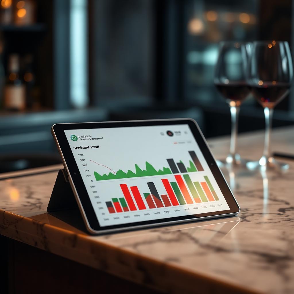 AI horeca klanttevredenheid dashboard op een tablet op een marmeren bar met sentimenttrend en warm restaurantlicht