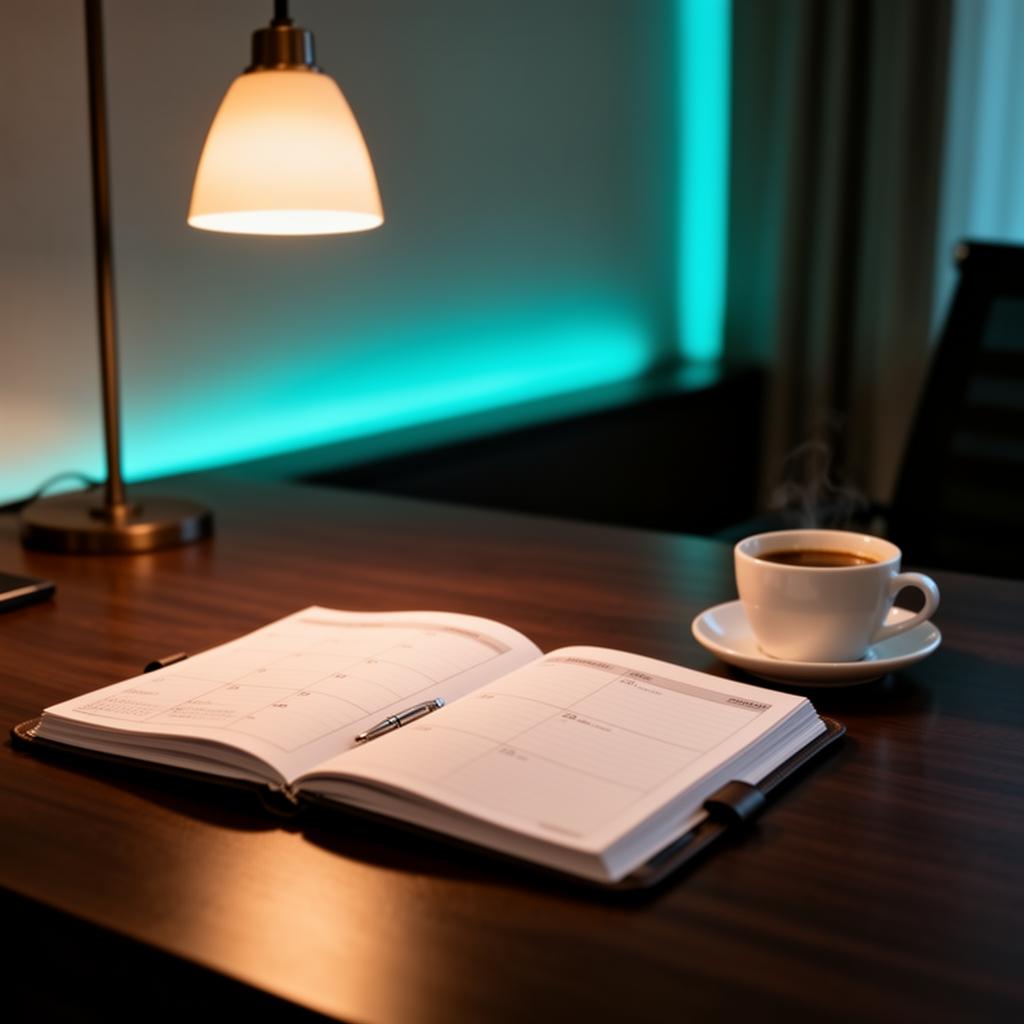 Hotelmanager bureau met open agenda en koffiekop, AI chatbot PMS integratie planning
