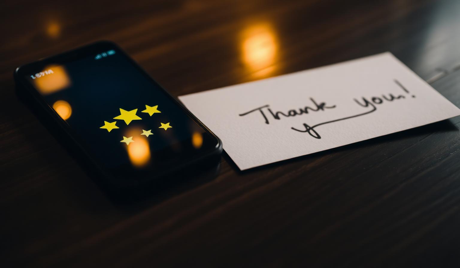 Cinematische close-up van smartphone met loyalty sterren naast handgeschreven bedankbriefje op donker hout, illustratie AI loyalty programma horeca