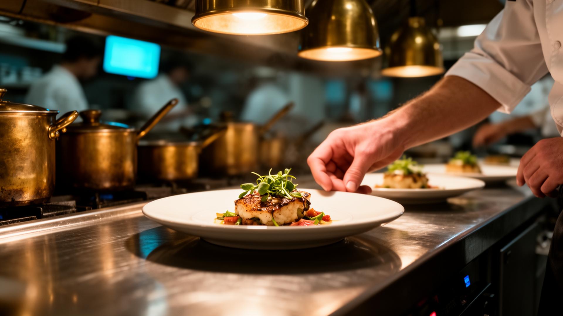 AI productiviteit horecamedewerkers cinematic professionele restaurantkeuken met chef die bord onder warmtelamp plaatst