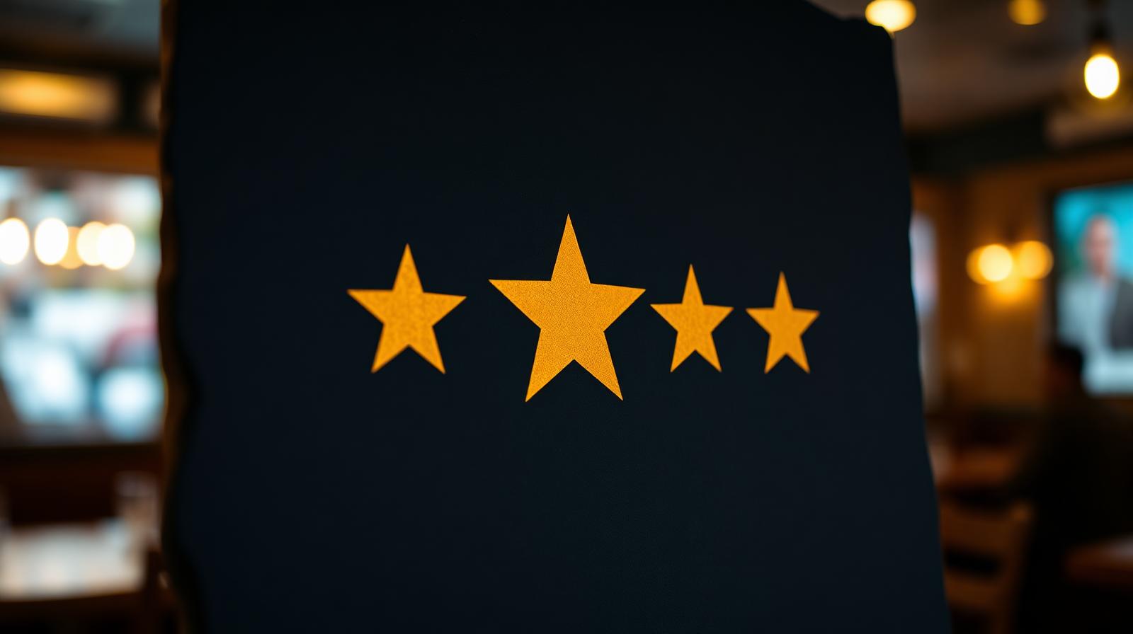 Cinematische close-up van vier gouden sterren op donker menubord, illustratie van AI review management restaurant