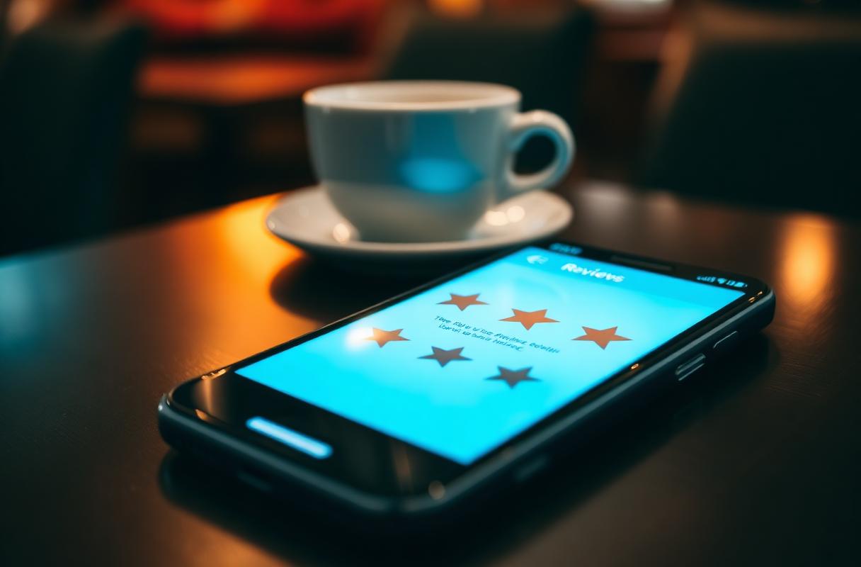 Cinematische close-up van smartphone met reviewsterren naast espresso, illustratie van AI-aangestuurde reviewuitnodiging
