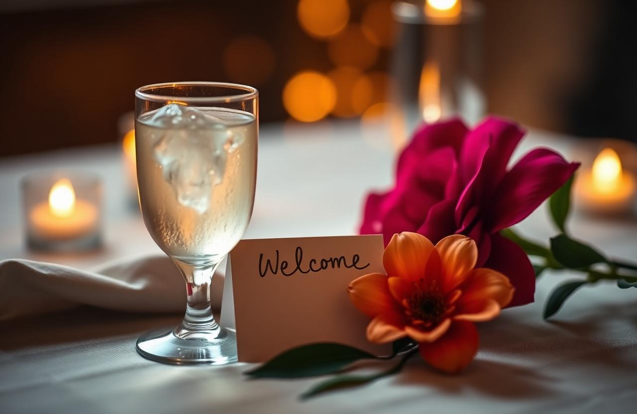 AI horeca loyale gasten herkennen belonen welkomstglas met bloem en kaartje op linnen tafelkleed