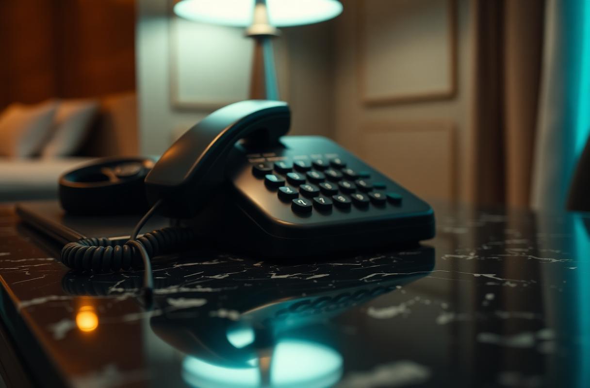 Cinematische close-up van zwart telefoontoestel op donker marmeren hotelbalie, illustratie AI voice bot hotelreceptie