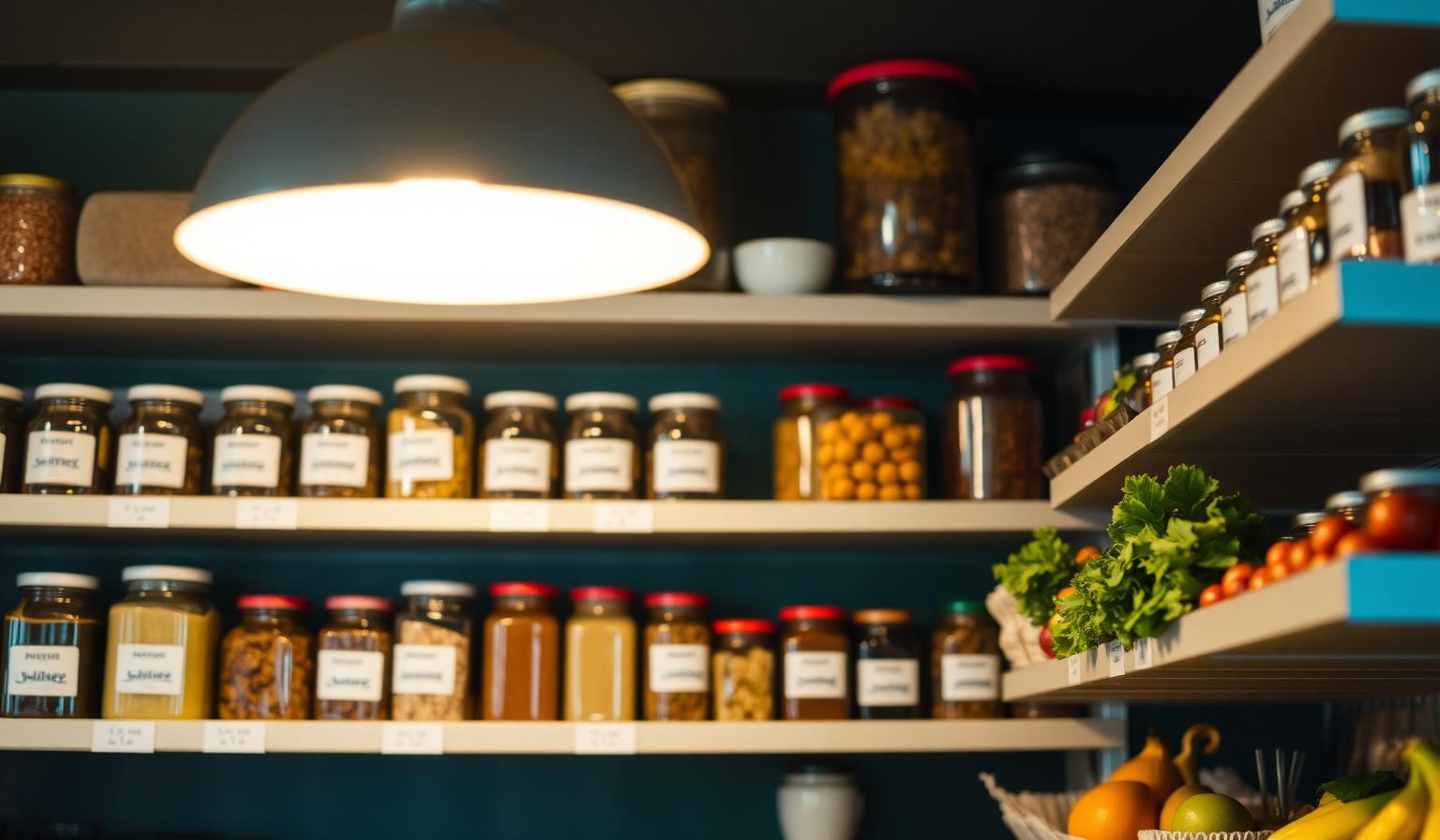 Cinematische close-up van georganiseerde restaurant voorraadkast met gelabelde glazen potten en verse groenten, illustratie AI voorraadbeheer restaurant