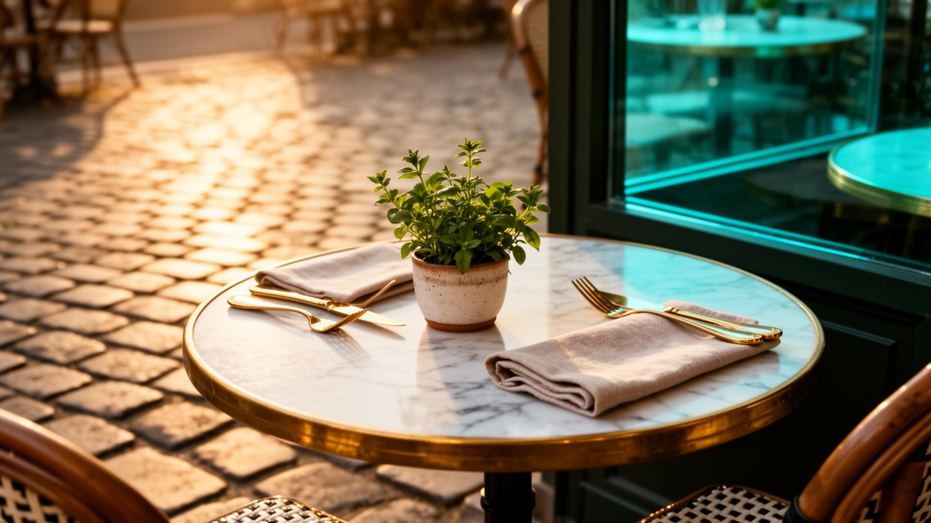 AI zomervoorbereiding horeca 2026 leeg zomerterras met marmeren bistrotafel, messing bestek en verse kruiden bij gouden uur