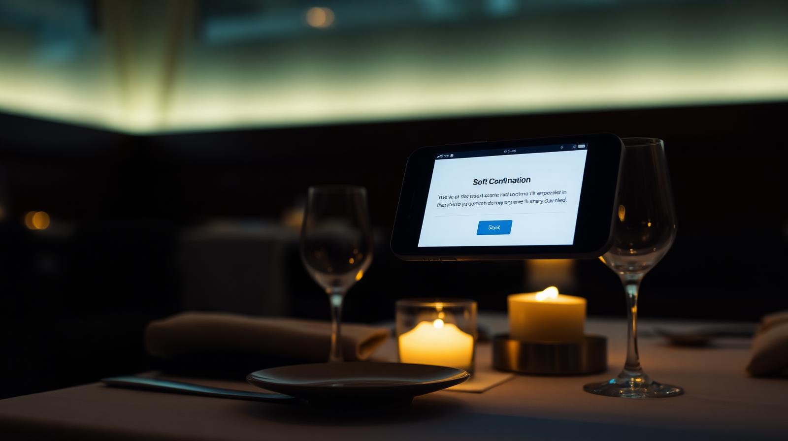 Cinematische close-up van smartphone met reserveringsbevestiging naast tafelopstelling, illustratie van automatische reserveringsbevestiging AI