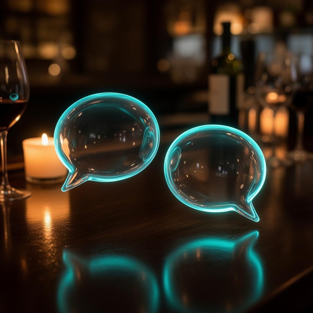 Cinematische close-up van overlappende chatbubbels op donker werkblad, illustratie van AI chatbot horeca dialogen