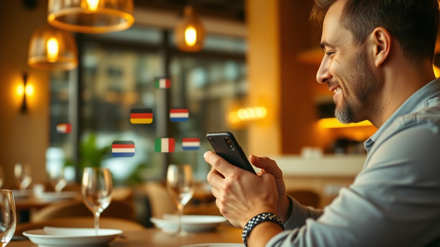 Meertalige AI horeca gast met smartphone en zwevende taalvlaggen als bokeh in warm restaurant bij gouden uur