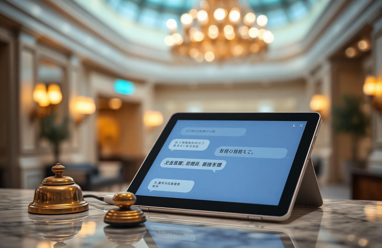 Meertalige AI horeca tablet met vertaalde chatbubbels op marmeren hotelreceptie met messing bel