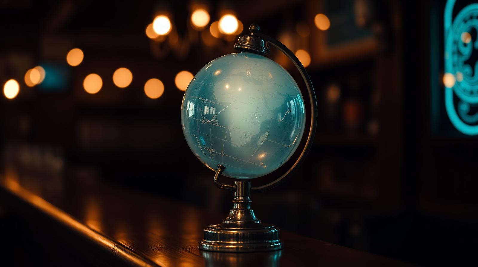 Cinematische close-up van vintage globe op donkere restaurantbar, illustratie van meertalige AI chatbot horeca