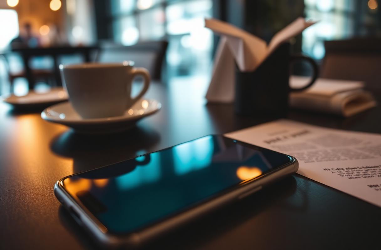 Cinematische close-up van smartphone op donkere cafe-tafel met espresso, illustratie van meertalige chat met gast