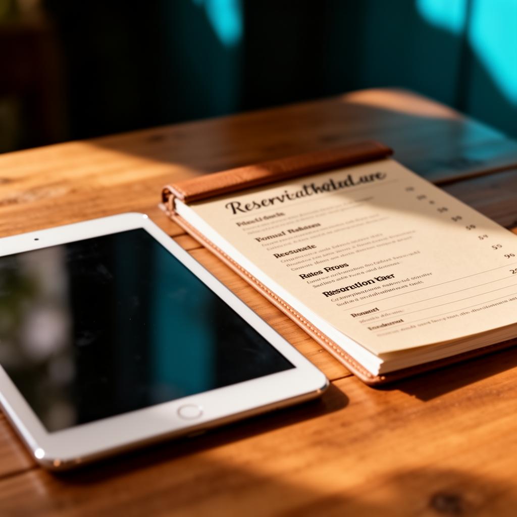 Cinematische close-up van tablet naast menukaart en reserveringsnotitieboek, symbool voor AI webchat horeca reserveringen