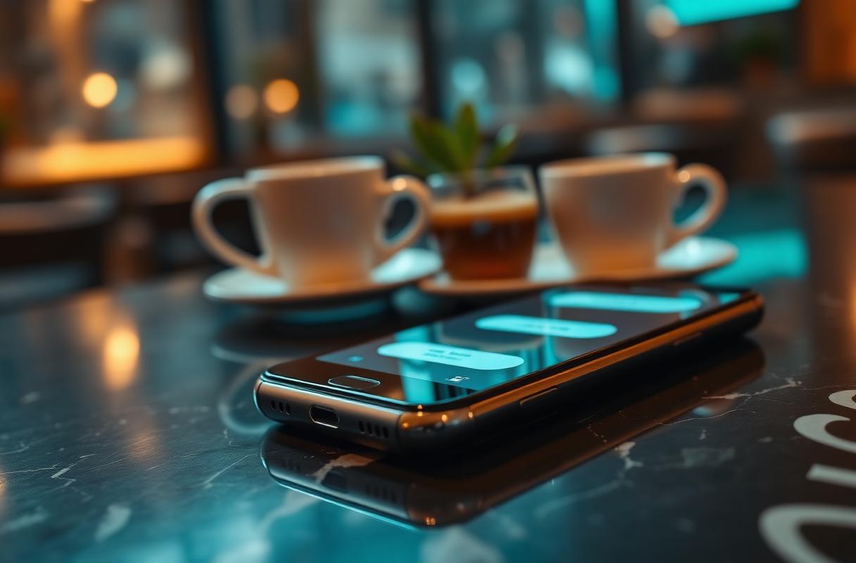 Cinematische close-up van smartphone met herinneringsbericht op donkere bar, illustratie van WhatsApp bot horeca herinneringen